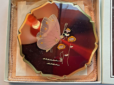 #ad Vintage Stratton Compact Made in England Butterfly Powder Hand Engraved With Box $44.00