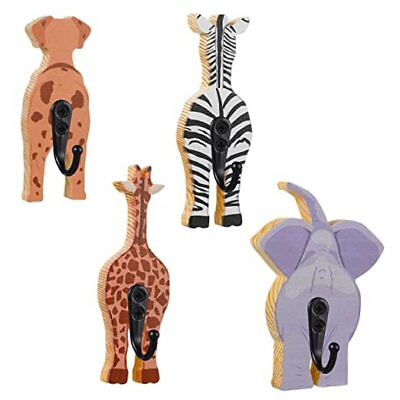 #ad 4 Pcs Safari Animal Wall Hooks Decorative Kids Coat Wall Mounted Hooks Wooden $23.91