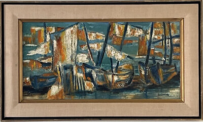 #ad ANTIQUE MID CENTURY MODERN ABSTRACT BOAT OIL PAINTING OLD NAUTICAL SAILBOAT 1967 $750.00