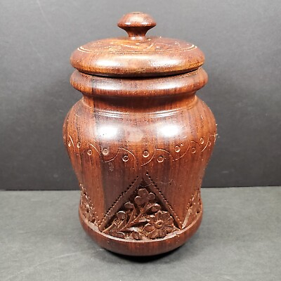 #ad VTG Hand Carved Wooden Jar Container w Lid Flowers Trinket 6quot; $19.98