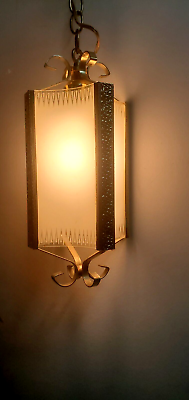 #ad Vtg Gold Hollywood Regency Hanging Swag Lamp Light Fixture Panel Lantern $75.00