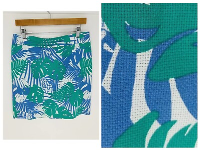 #ad Ann Taylor Loft Tropical Palm Print Mini Pencil Skirt Size 10 Blue Green Office $9.88