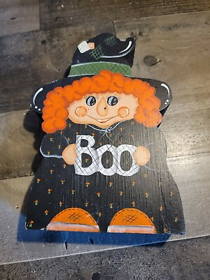 #ad Country Folk art Halloween Witch Boo spider wooden decor $15.75