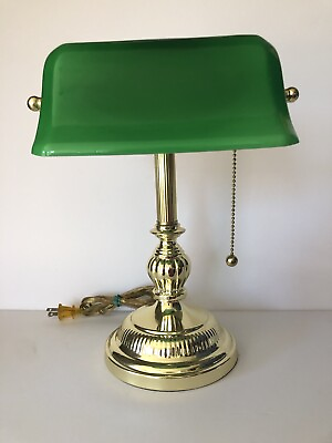 #ad Emerald Green Glass Metal Pull Banker#x27;s Desk Lamp 14quot; Tall $30.00