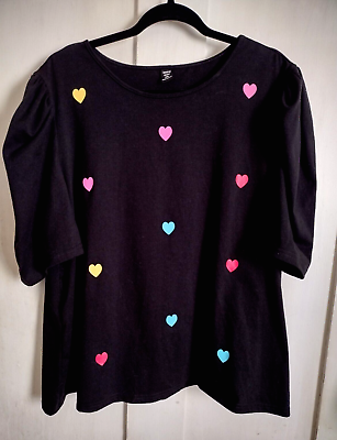 #ad Sweet Romantic Rainbow Heart Print Black Rouched Sleeve Blouse Shein Curve 4x $16.99