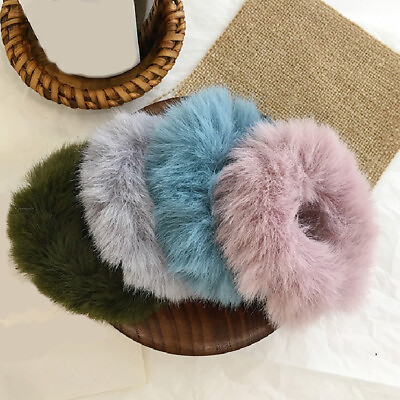 #ad 1PCS Women Soft Faux Rabbit Fur Scrunchie Plush Hair Rope Rubber Ponytail Bands $1.00