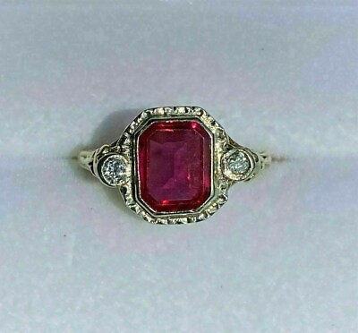 #ad 2Ct Lab Created Red Ruby Art Deco Vintage Engagement Ring 14k Yellow Gold Finish $62.10