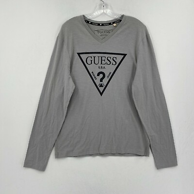 #ad Guess Long Sleeve T Shirt Mens Large Gray V Neck 3D Velvet Logo $24.99