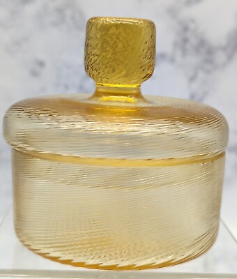 #ad Yellow Threaded Blown Glass Vanity Boudoir Powder Box Czechoslovakia Spun $35.99