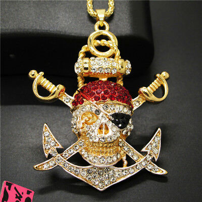 #ad New Fashion Women Red Cool Pirate Skull Rudder Crystal Pendant Chain Necklace $3.95
