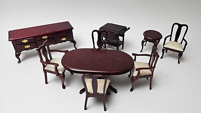 #ad Vtg Miniature Dollhouse Dining Table Chairs Buffet Stand Tea Cart Side Table $49.95