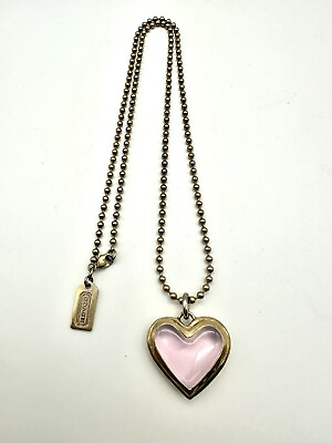 #ad Signed Coach Clear Pink Glass Heart Pendant Ball Chain 27quot; Necklace $12.00