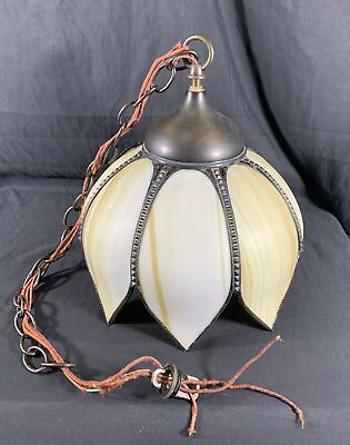 #ad ✨Vintage 8 Panel Caramel Slag Glass Tulip Hanging Light Lamp Fixture w Chain✨ $114.99