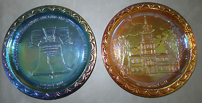 #ad Set of 2 Indiana Glass Carnival Glass Liberty Bell and Independence Hall Plates $10.77
