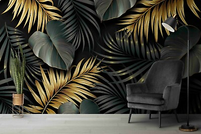 #ad 3D Black Golden Palm Leaves Wallpaper Wall Mural Removable Self adhesive 325 AU $299.99