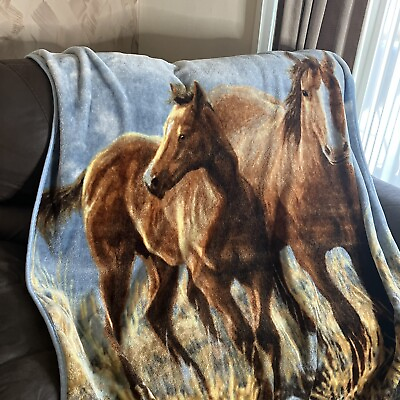 #ad Vtg Horse Print Throw Couch Blanket Hautman Western Blanket Wall Hanging 60x50 $34.95