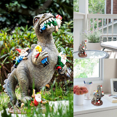 #ad Funny Dinosaur Eating Gnome Statue Yard Art Resin Craft Home Garden Patio Decor $12.98