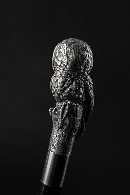 #ad Antique Sterling Aluminum Owl Head Handle Wooden Vintage Walking Stick Cane New $99.00