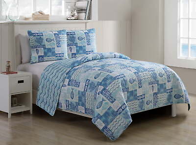 #ad Patchwork Sealife 3 Piece Blue Nautical Reversible Quilt Set Full Queen $19.23