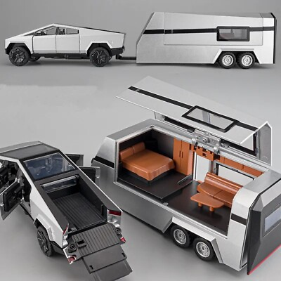 #ad 1:32 Tesla Cybertruck Pickup Trailer Diecast Model Alloy Cars Light Vehicles Kid $27.59