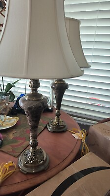 #ad LAMPS A PAIR 29#x27;H FANCY 3 WAY MARBLE amp; ORNATE BRASS ART DECO THEMED TABLE LAMPS $99.99