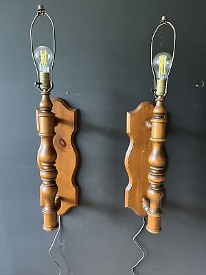 #ad 2 Vintage Wooden Wall Sconce 70‘s Plug In Lamp MCM Handmade Unique 21” Primitive $125.00