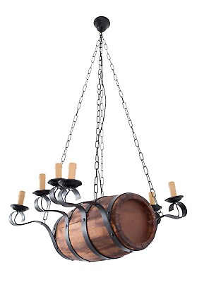 #ad Aged Wood Rustic Barrel Chandelier. Metal Wood Ceiling Hanging Candle Light $215.99