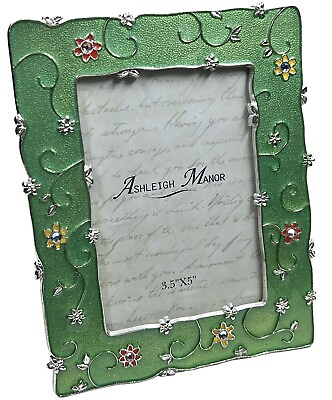 #ad Ashleigh Manor Picture Frame Green Enamel amp; Red Yellow Flowers Rhinestones 6.5” $22.75