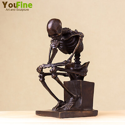 #ad 9quot; Bronze Skeleton Sculpture Bronze The Thinker Statue Antique Skull Art Decor $169.20