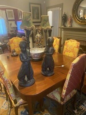 #ad Pair Antique Bronze Lamps with antique silk french shades $425.00