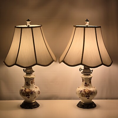 #ad 2 Porcelain Vintage Table Lamps Ornate Metal Base amp; Neck and Shades Camp;S NY 544 $149.95