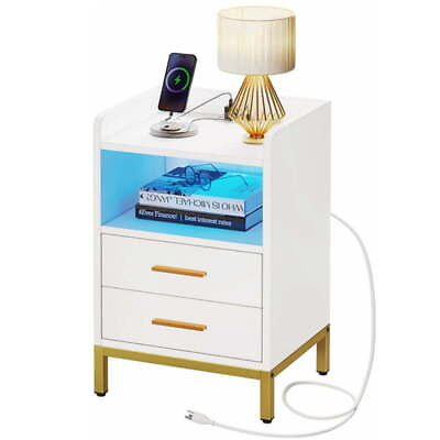 #ad Living Room Side End Table w Charging Station 3 Drawer LED Light Nightstand NEW $134.99