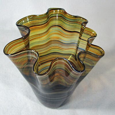 #ad Venetian Glass Brown Striped 7 1 2quot; x 7 1 2quot; Wavy High Low Vase EUC $35.95