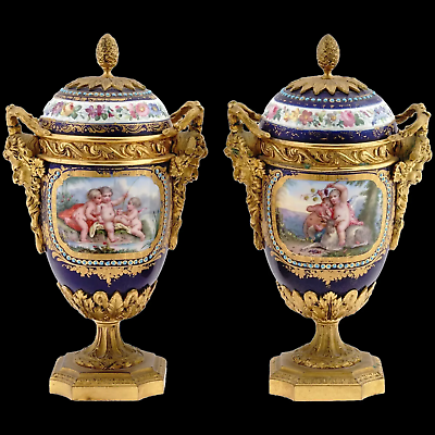 #ad Opulent Antique French Sevres Porcelain Ormolu Bronze Urns $2900.00