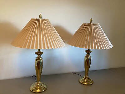 #ad Pair of Vintage MCM Stiffel Brass Table Lamps w Shades – All Original $199.00