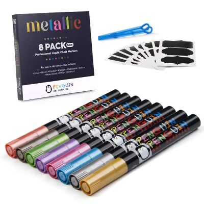 #ad Liquid Chalk Markers Set 8 Metallic Colors 3mm Tip 24 Stickers Reversible Tip $9.99