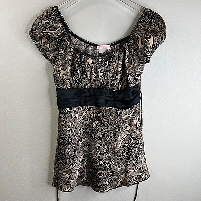 #ad Halo Womens Baby Doll Blouse Brown Black Floral Paisley Back Tie Scoop Neck $26.25