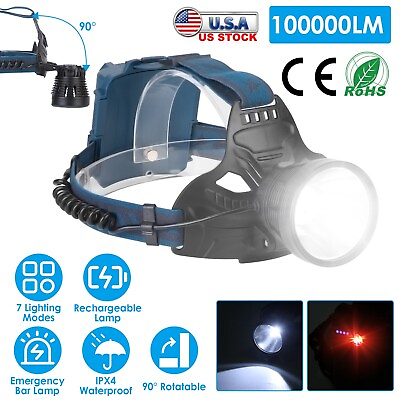 #ad 100000LM LED Headlamp Rechargeable Head Torch 4 Modes Lamp for Camping Hunting $21.25