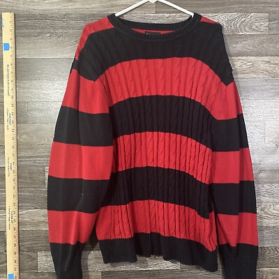 #ad Carbon Men’s Size XXL Red amp; Blk Crew Neck Cotton Knit Pullover Striped Sweater $25.00
