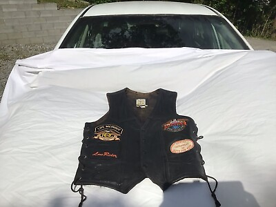 #ad Vintage Leather Biker Vest Men’s Size Large Patches 90’s Black Made In USA Snap $70.00