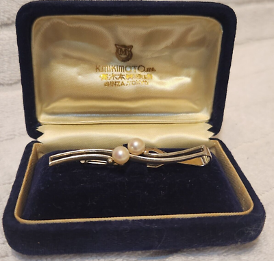 #ad Authentic Mikimoto Sterling Silver Double Pearl Tie Bar Case In Good Condition $223.19