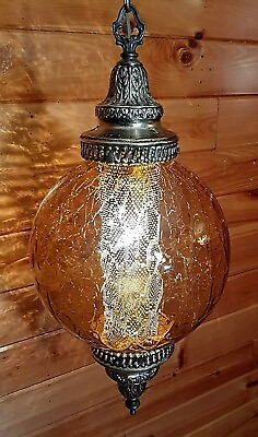 #ad Vtg Antique 1960#x27;s 70#x27;s Retro MCM Amber Crackle Glass Hanging Swag Lamp Light $385.00