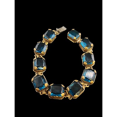 #ad Antique Heavy Faceted Teal Blue Glass Bracelet A3954 $138.00