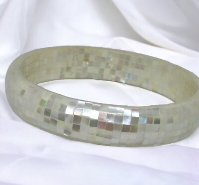 #ad Vintage Mother Of Pearl Abalone White Mosaic Inlaid Bangle Bracelet $24.95