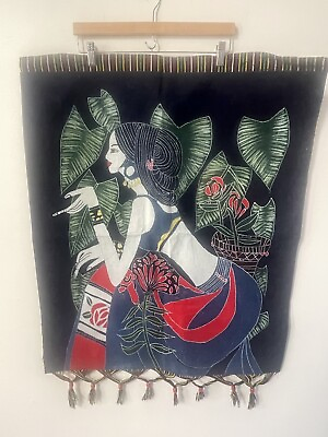 #ad Chinese Batik Oriental Wall Hanging Woman Leaves Blue Green Red Tapestry $29.00