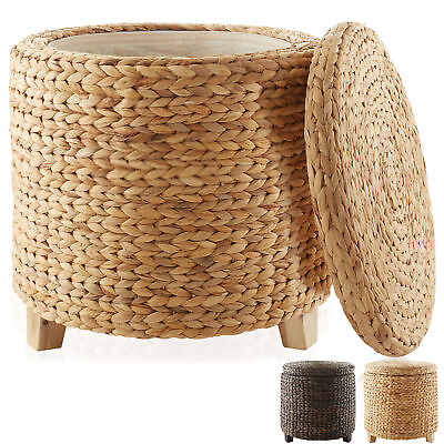 #ad Round Storage Ottoman Footrest Woven Hyacinth Footstool Basket with Lid $59.99