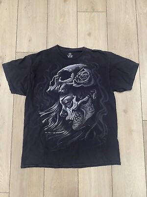 #ad Liquid Blue Dia Muertos Sugar Skull T shirt L Black 100% Cotton Shirt Tattoo Y2K $12.00