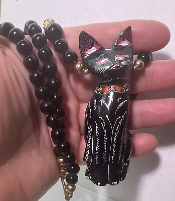 #ad Vintage Black Glass Beaded Necklace With Egyptian Cat Pendant Wooden $15.50