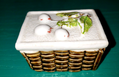 #ad Antique Circa 1890 Cherry Top Porcelain Basket Pill Trinket Box $21.00