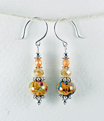 #ad Lampwork Earrings Handmade Small Orange Glass Bead Dangle Drop w Sterling Hooks $12.95